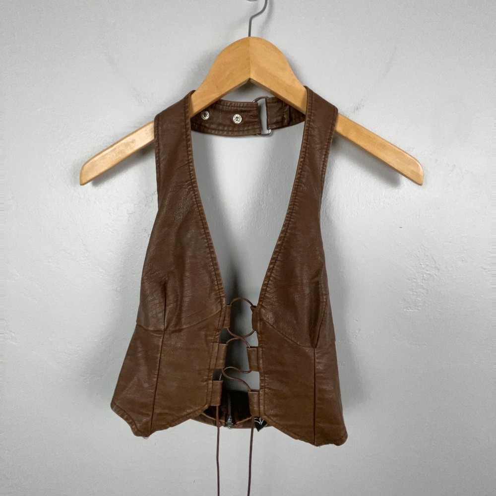 Windsor Top Small Brown Faux Leather Halter Lace Up Back Zip Vest Boho Cowgirl